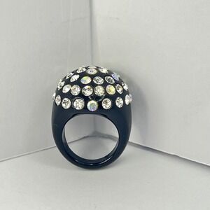 Vintage Black‎ Lucite Acrylic Rhinestone Dome Ring White AB Crystals Size 5.5